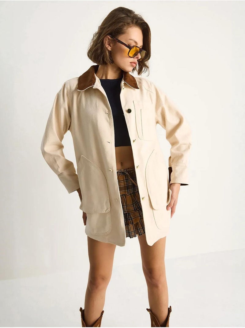 Veste midi boutonnée en faux daim avec col chemise lucci Beige argile - Kiabi