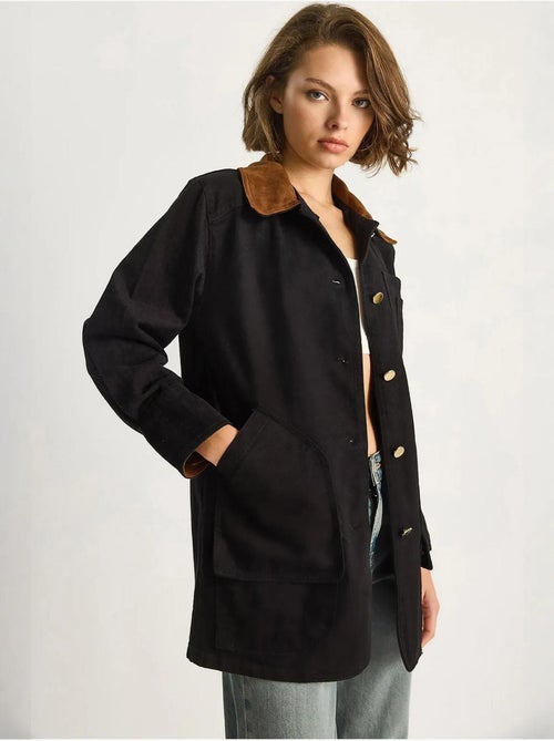 Veste midi boutonnée en faux daim avec col chemise lucci - Kiabi