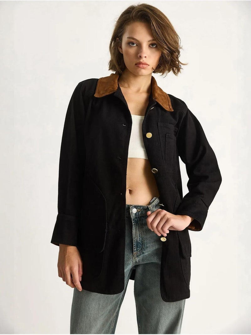 Veste midi boutonnée en faux daim avec col chemise lucci Noir - Kiabi