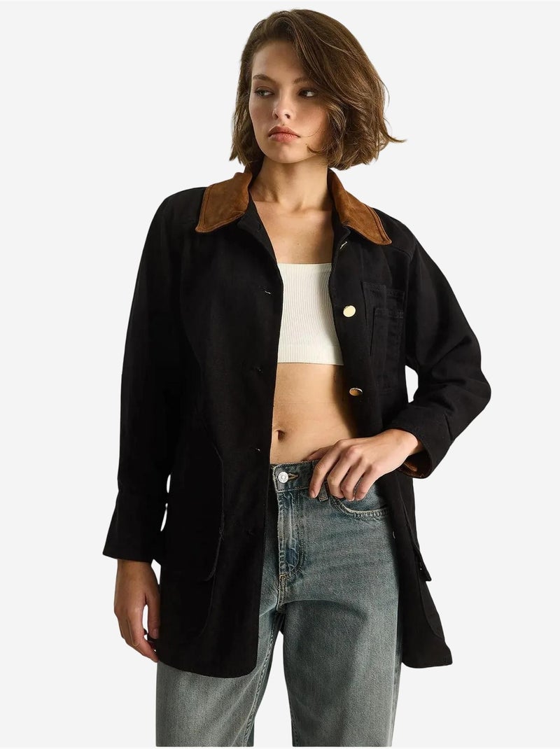 Veste midi boutonnée en faux daim avec col chemise lucci Noir - Kiabi