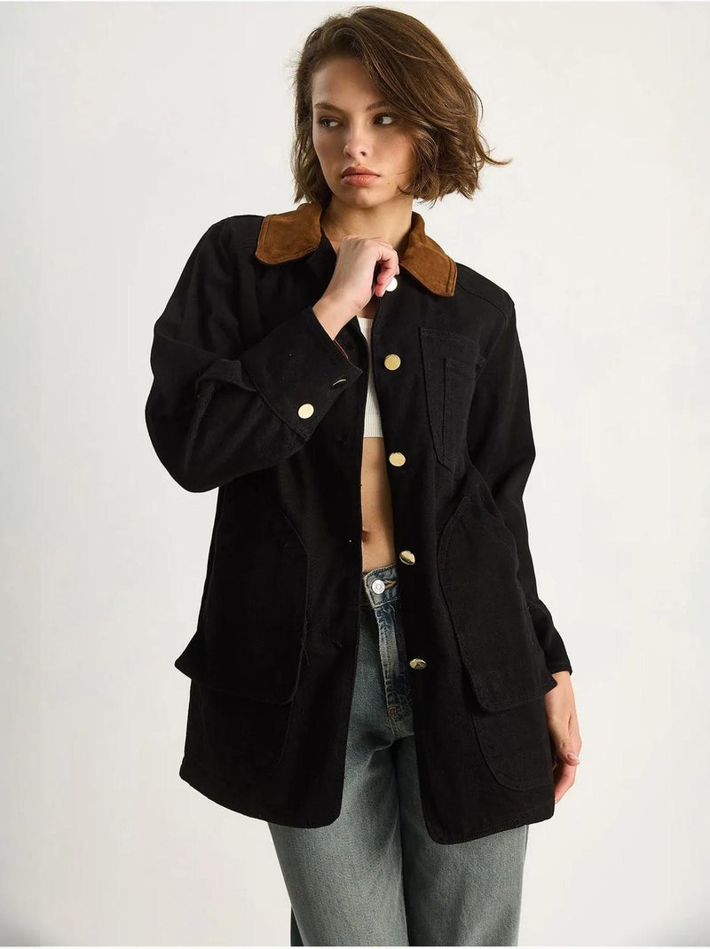 Veste midi boutonnée en faux daim avec col chemise lucci Noir - Kiabi