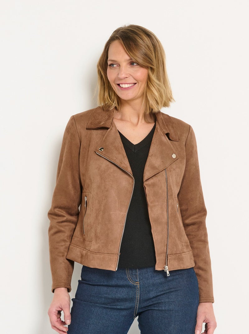 Veste motard zippée courte en suédine Camel - Kiabi