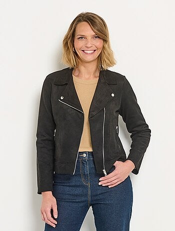 Veste motard zippée courte en suédine