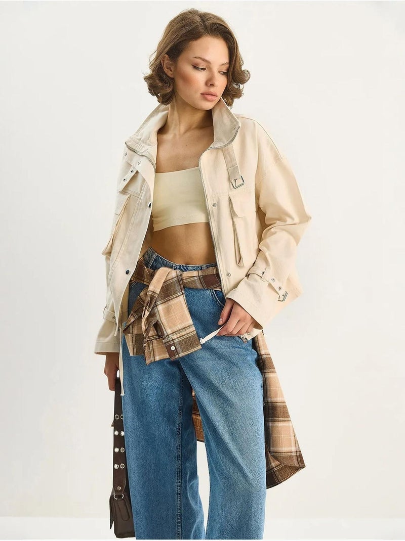 Veste oversize en gabardine de coton avec fermeture boutonnée lucci Crème - Kiabi