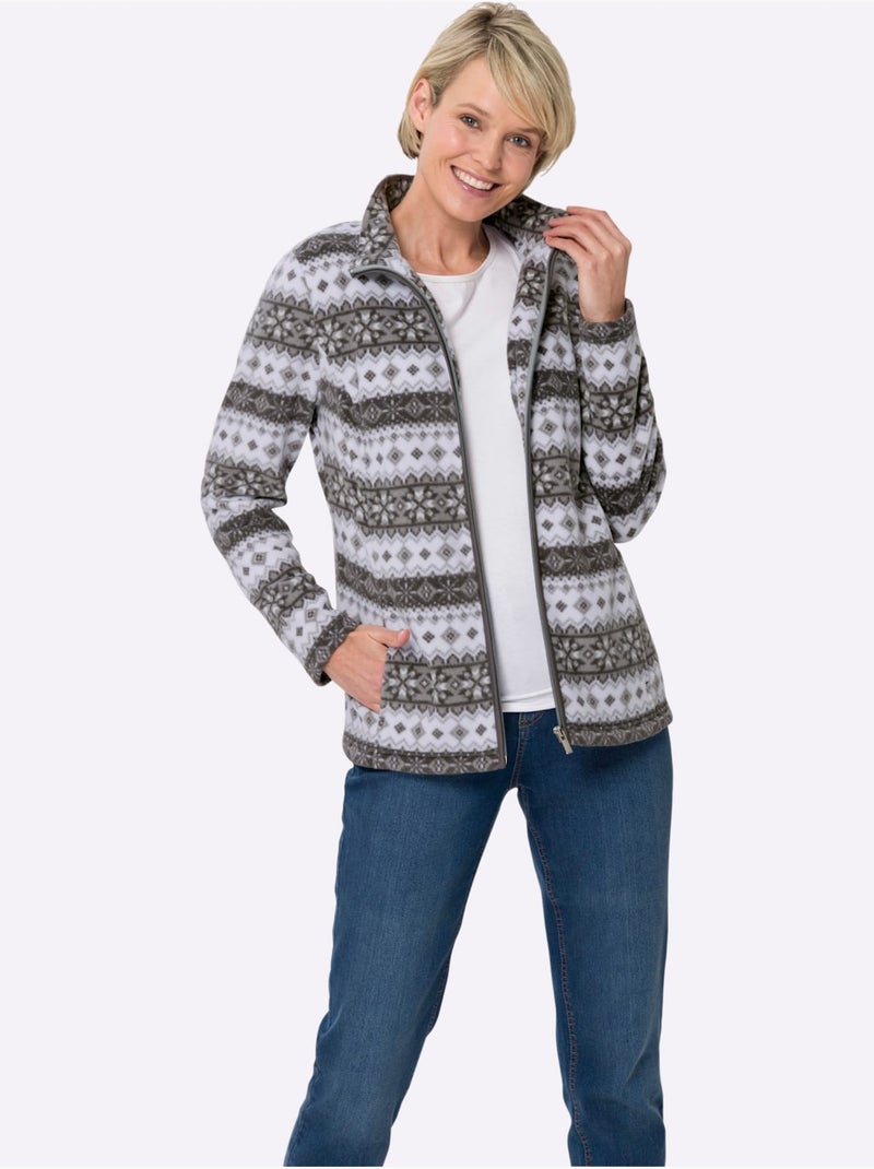 Veste polaire avec col montant et motifs norvégiens - Taille standard - Moda Vilona Gris Ecru - Kiabi