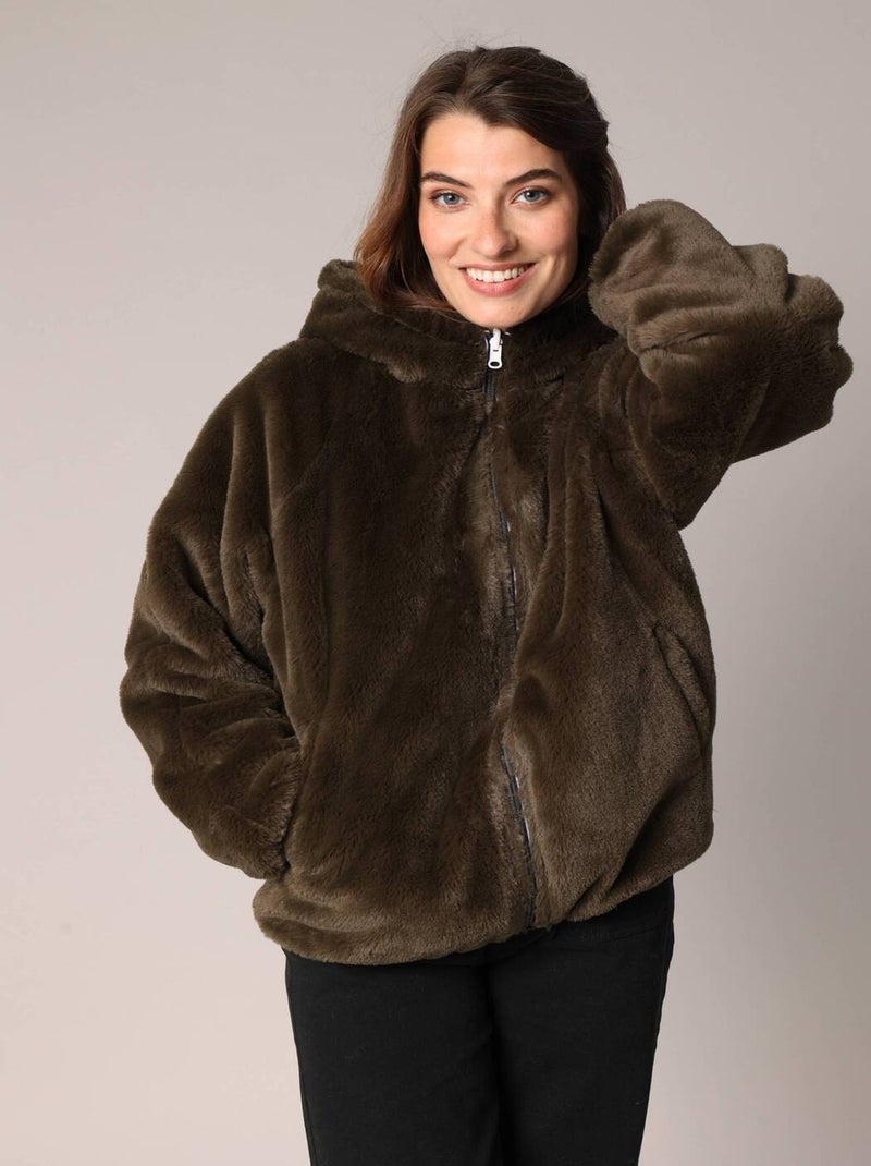 Veste réversible en métal et imitation fourrure 'deeluxe' Kaki - Kiabi