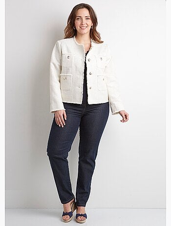 Veste sans col boutonnée courte tissu natté uni - Afibel