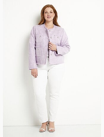 Veste sans col boutonnée courte tissu natté uni - Afibel