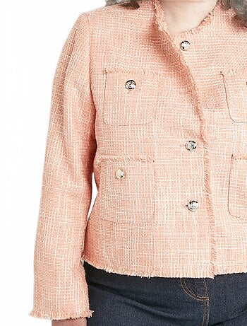 Veste sans col boutonnée courte tissu natté uni - Afibel