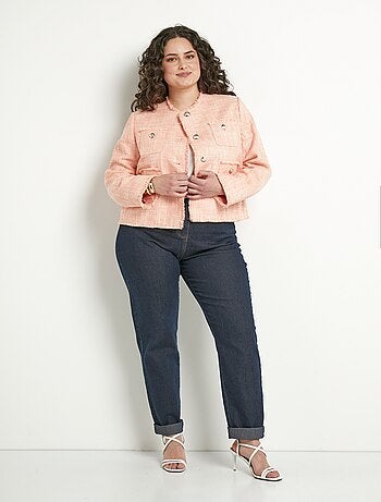Veste sans col boutonnée courte tissu natté uni