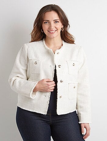 Veste sans col boutonnée courte tissu natté uni