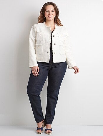 Veste sans col boutonnée courte tissu natté uni