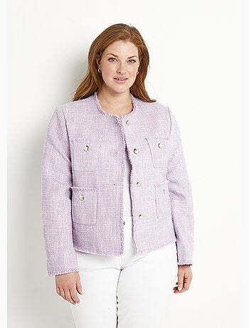 Veste sans col boutonnée courte tissu natté uni