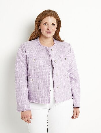 Veste sans col boutonnée courte tissu natté uni