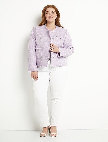Veste sans col boutonnée courte tissu natté uni