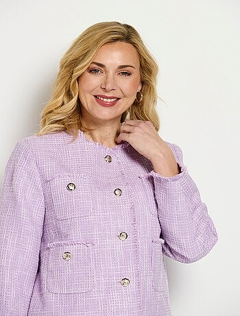 Veste sans col boutonnée courte tissu natté uni