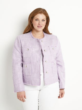 Veste sans col boutonnée courte tissu natté uni