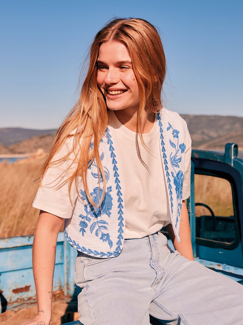 Veste sans manches à broderies Blanc - Kiabi
