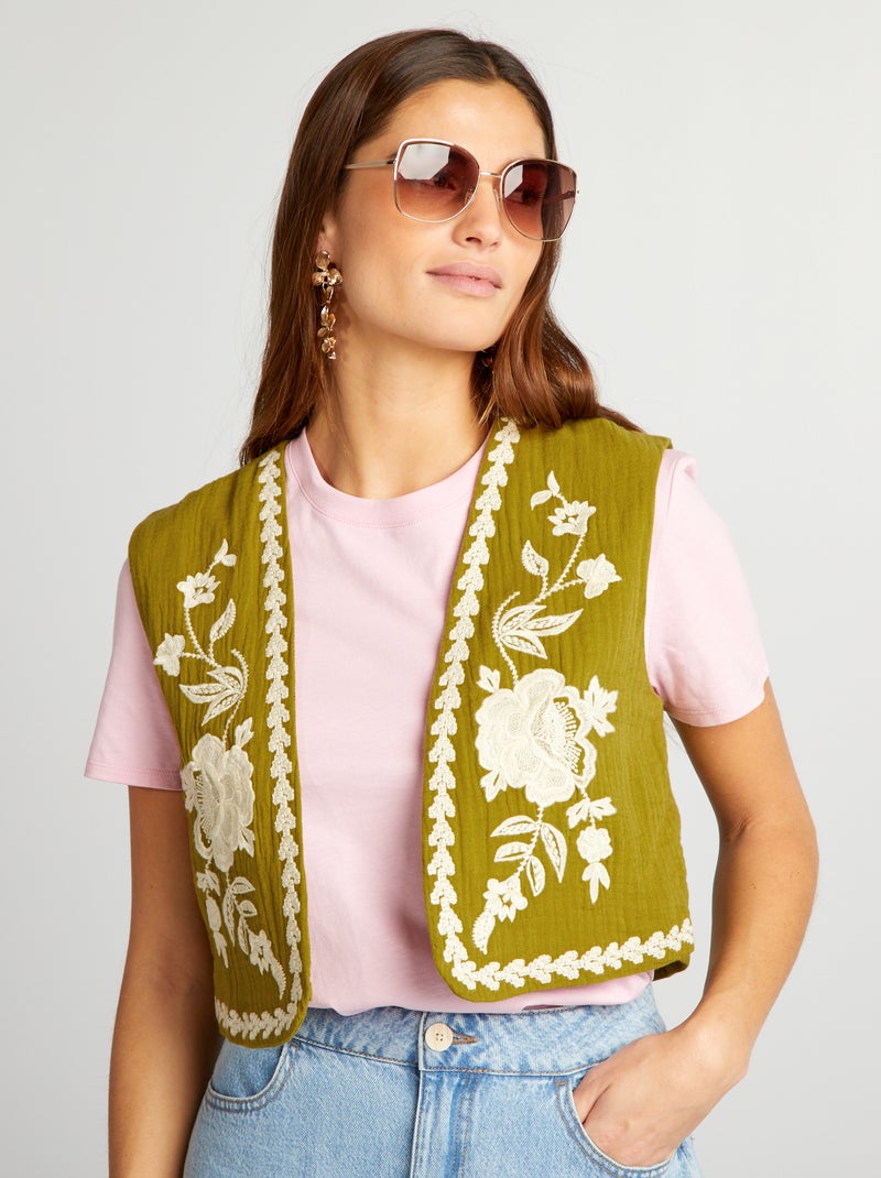 Veste sans manches à broderies Vert - Kiabi
