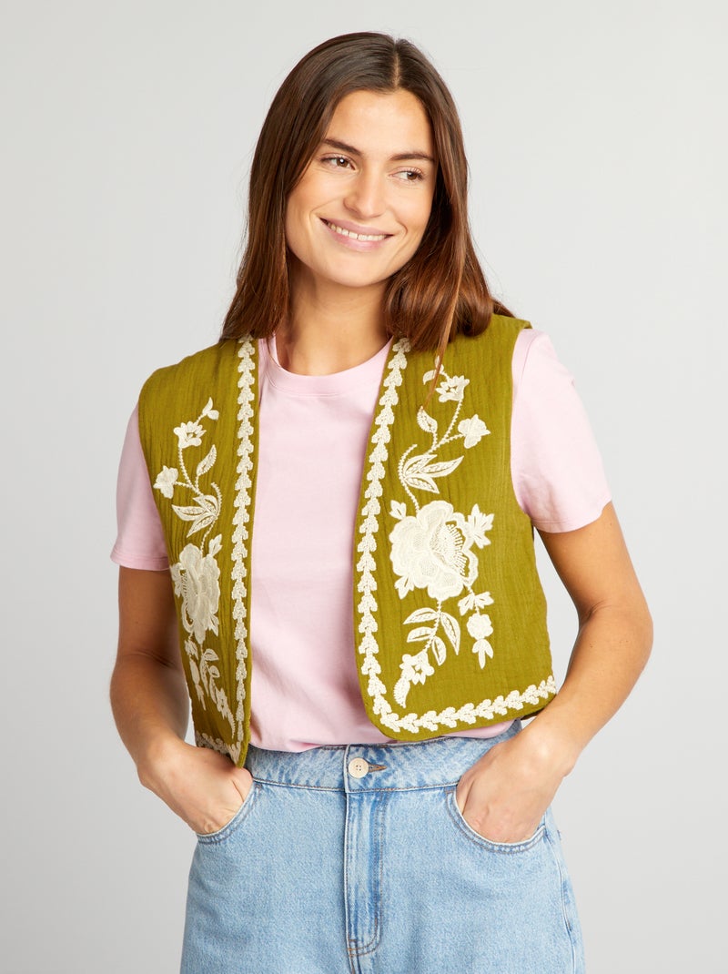 Veste sans manches à broderies Vert - Kiabi