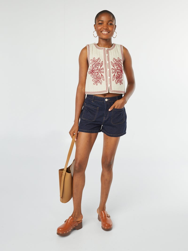 Veste sans manches en lin mélangé avec broderies Beige - Kiabi