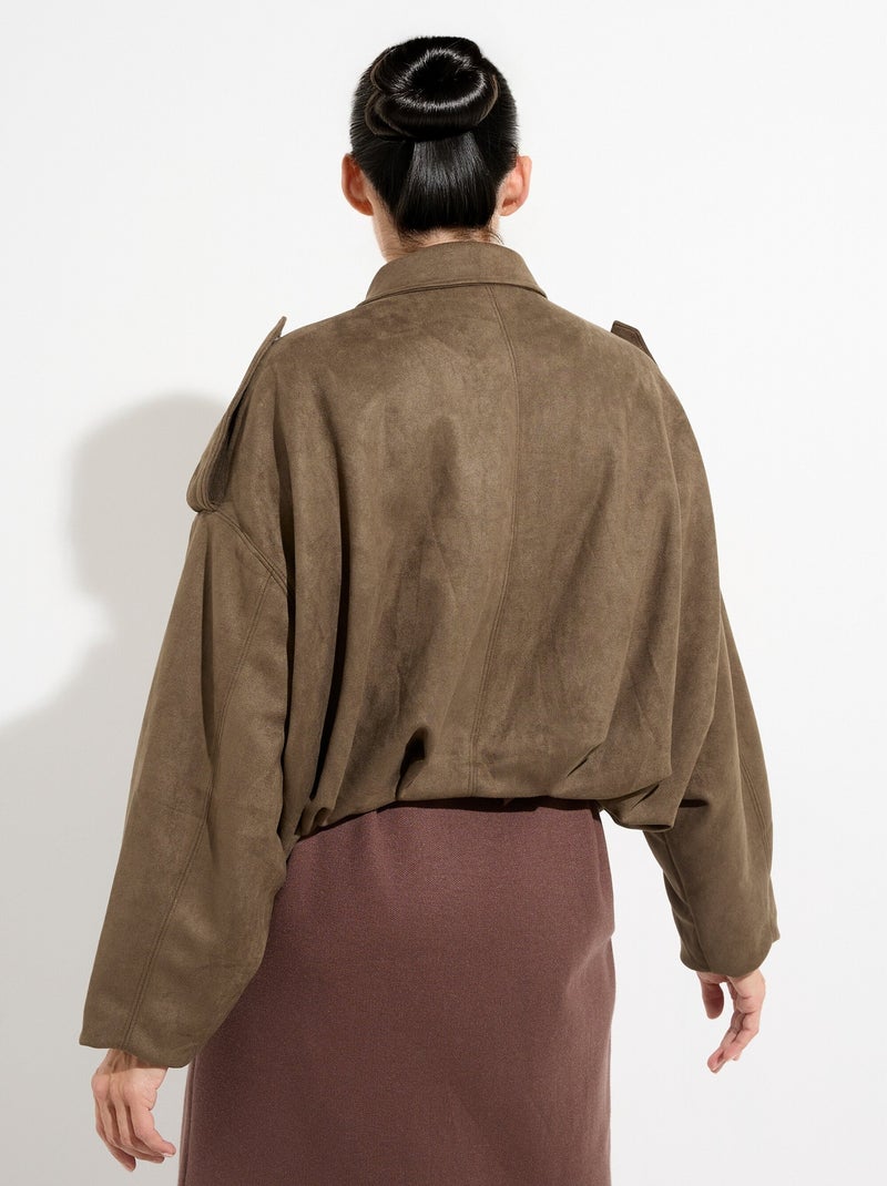 Veste suédine taille resserrée, oversize Kaki - Kiabi