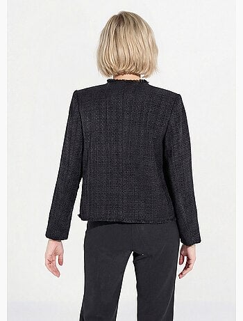 Veste tweed boutonnée frangée sans col - AFIBEL