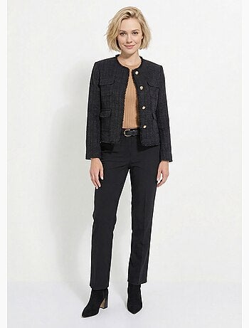 Veste tweed boutonnée frangée sans col - AFIBEL