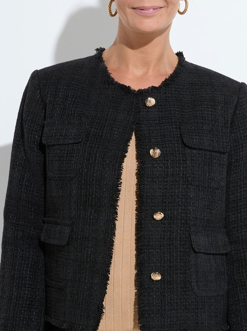 Veste tweed boutonnée frangée sans col - AFIBEL Noir - Kiabi