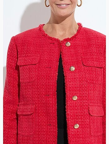 Veste tweed boutonnée frangée sans col - AFIBEL