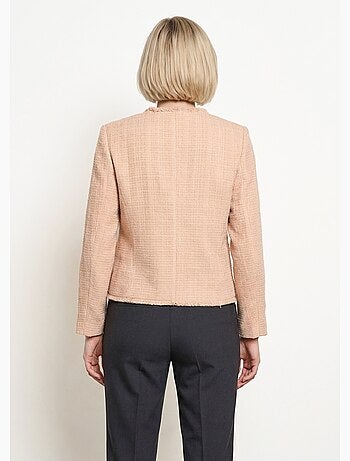 Veste tweed boutonnée frangée sans col - AFIBEL