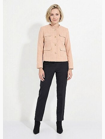 Veste tweed boutonnée frangée sans col - AFIBEL