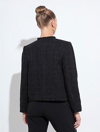 Veste tweed boutonnée frangée sans col