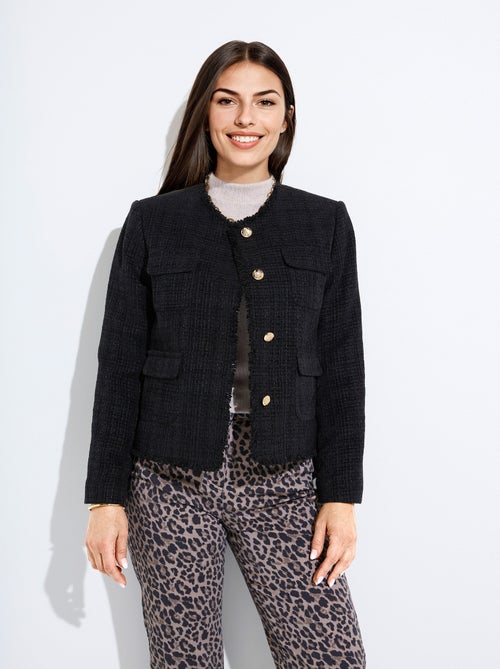 Veste tweed boutonnée frangée sans col - Kiabi