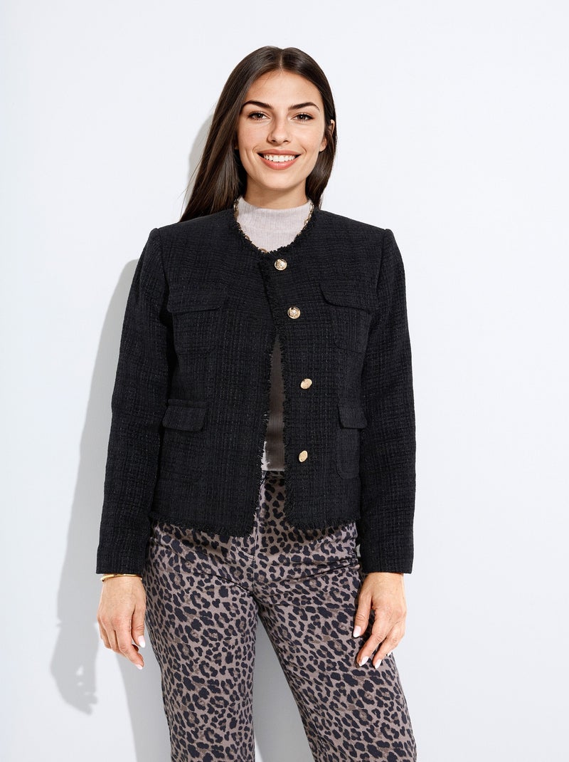 Veste tweed boutonnée frangée sans col Noir - Kiabi