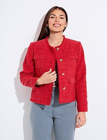 Veste tweed boutonnée frangée sans col