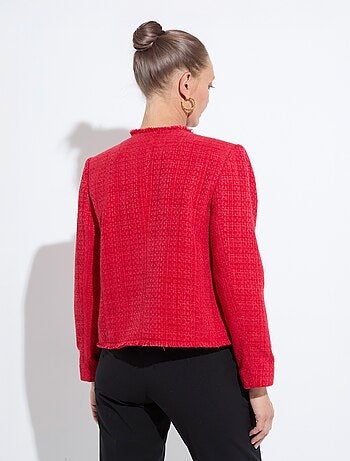 Veste tweed boutonnée frangée sans col