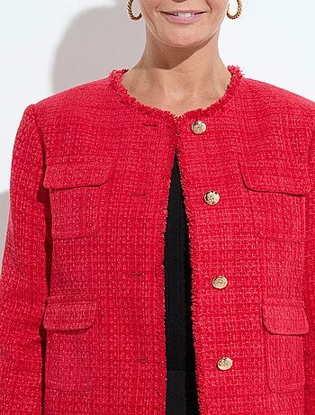 Veste tweed boutonnée frangée sans col