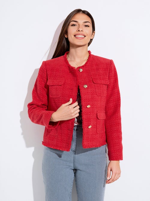 Veste tweed boutonnée frangée sans col - Kiabi
