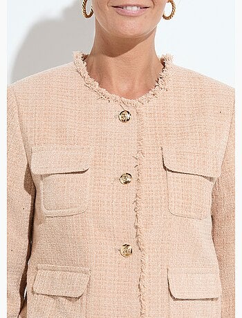 Veste tweed boutonnée frangée sans col