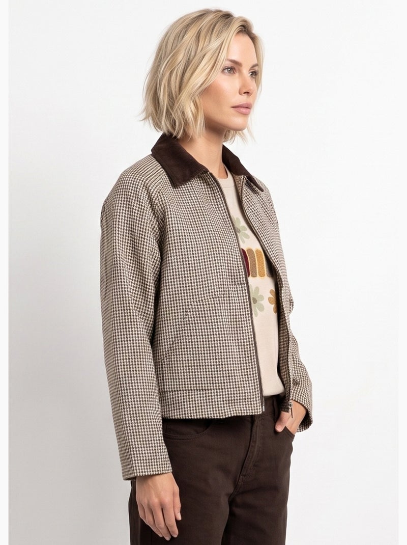 Veste zippée à carreaux et col velours - afibel Marron - Kiabi