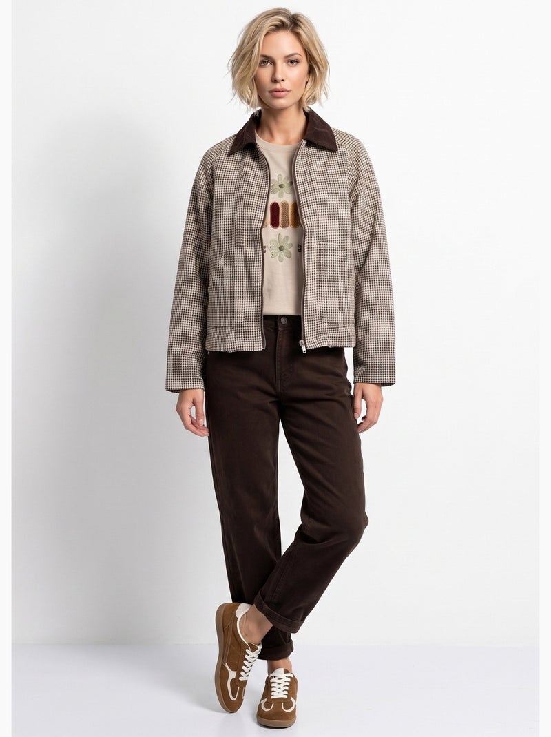 Veste zippée à carreaux et col velours - afibel Marron - Kiabi