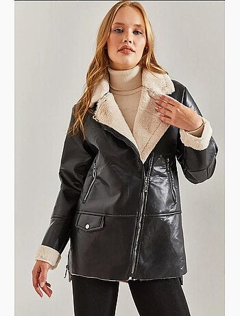 Veste zippée en similicuir avec bordure en fausse fourrure lucci