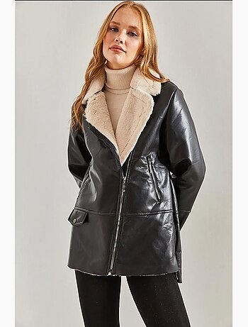Veste zippée en similicuir avec bordure en fausse fourrure lucci