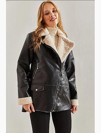 Veste zippée en similicuir avec bordure en fausse fourrure lucci