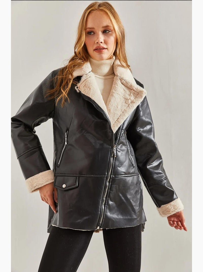 Veste zippée en similicuir avec bordure en fausse fourrure lucci Noir - Kiabi