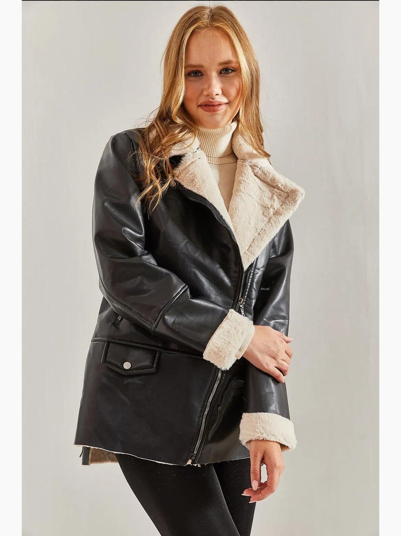 Veste zippée en similicuir avec bordure en fausse fourrure lucci Noir - Kiabi
