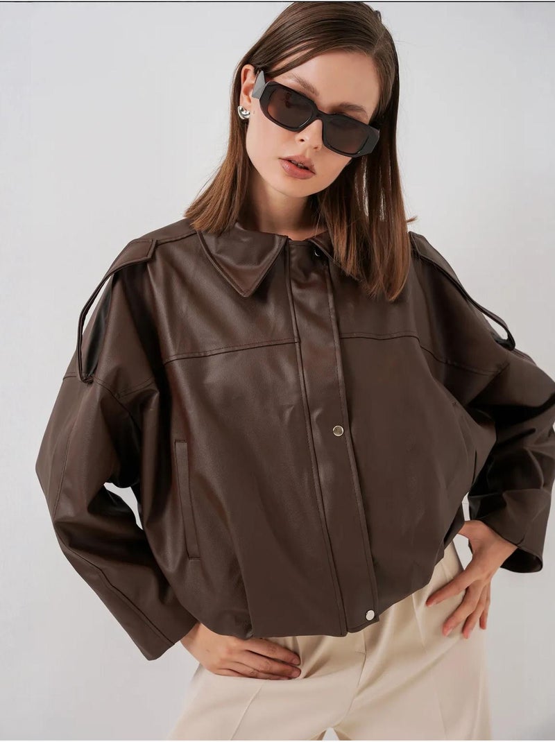 Veste zippée en similicuir avec col chemise bdart Marron - Kiabi