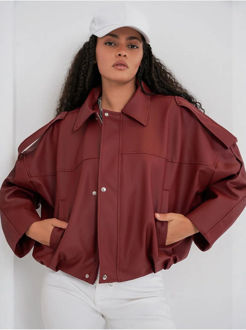 Veste zippée en similicuir avec col chemise bdart Rouge bordeaux - Kiabi
