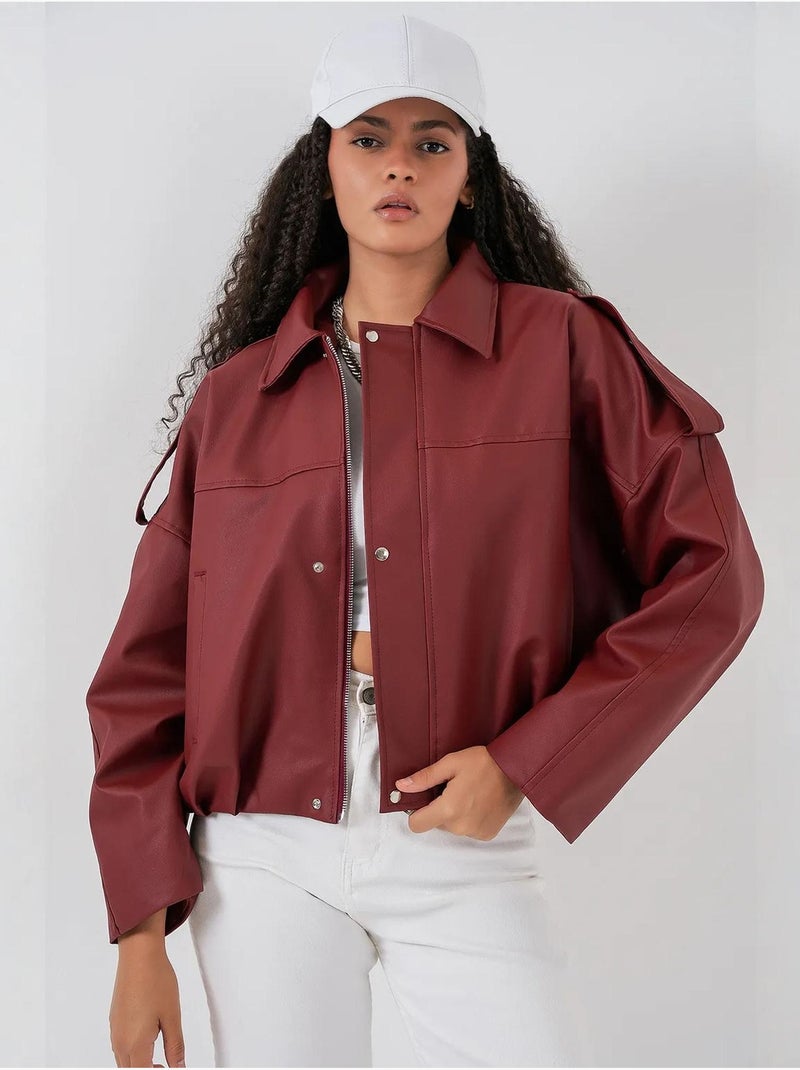Veste zippée en similicuir avec col chemise bdart Rouge bordeaux - Kiabi